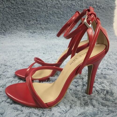Sexy Red Leather Sandals High Heel Bridals Dress Party Women Sandal Summer Popular New Open Toe Ankle Strap Stiletto 10cm Heel