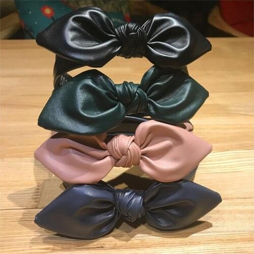 Solid Bow PU Cross Knot Headbands For Girls Hair Band Leather Hairband Women Bowknot Hair Accessories Rabbit Ear Headwear