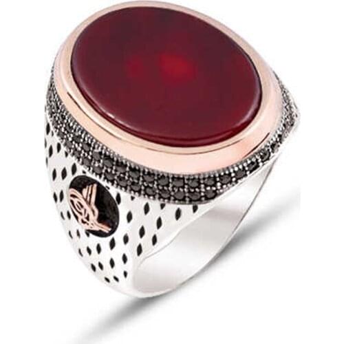 Silver Agate Gemstone Embroidered Men 'S Ring