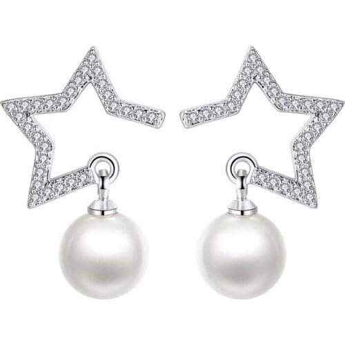 Crystal Zirconia Star Imitation Pearl Pendant Stud Earrings Sweet OL Style Fashion Party Jewelry Gifts For Women brincos