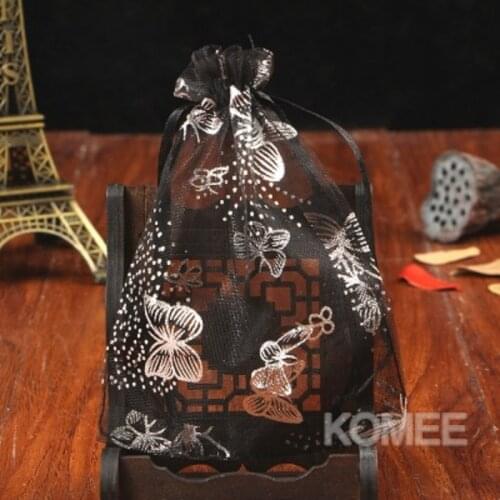 Luxury Black with Silver Butterfly Printed Organza Bags 100pcs/lot 7x9cm Christmas Wedding Party Candy Gifts Packaging Bag Pouch
