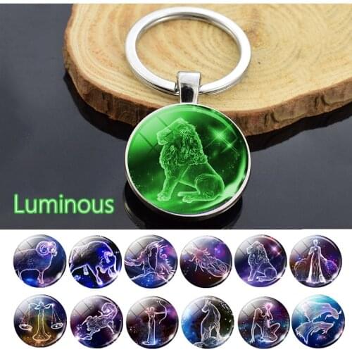 Glow In The Dark Key Chain 12 Constellation Double Side Luminous Keychain Zodiac Sign Pendant Keychains Keyring Birthday Gifts