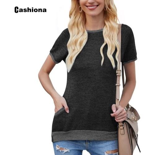 Cashiona Women Elegant Leisure Casual T-shirt Model Pocket Black Gray Womens Top 2021 Summer Tees Shirt Femme Jersey Mujer