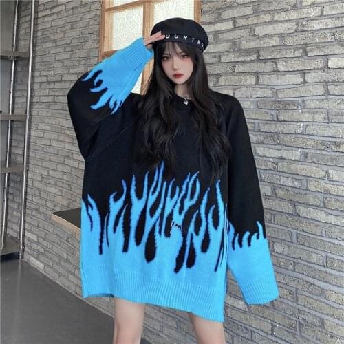 Fall Winter 2020 Oversized Sweater Women Knit Tops Blue Harajuku Flame Long Sleeve Loose Boyfriend Pullover Lazy Oaf Clothes