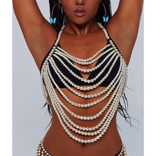 StoneFans Bikini Imitation Pearl Multilayer Chest Chain Jewellery Belt Underwear for Women Body Chain Harness Fashion Necklaces