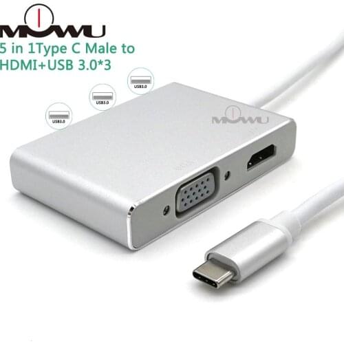 5 in 1Type C Male to HDMI+VGA+USB 3.0 Female Video Adapter Aluminium Adapter 4K 1080P Converter For Macbook