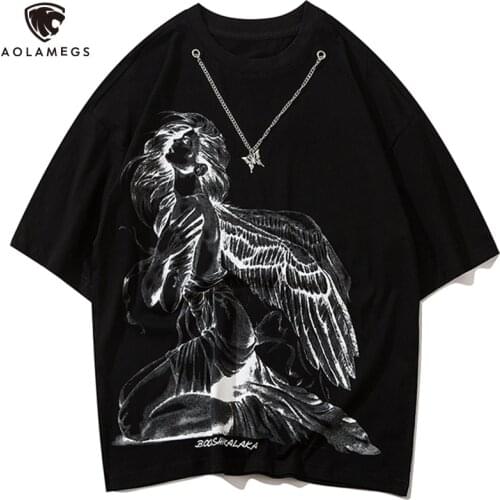 Aolamegs T-shirt Men Angel Girl Print Butterfly Chain Mens Tee Shirts Summer O-Neck Loose Fashion High Street Black Streetwear