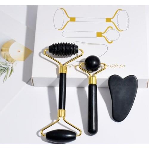 Black Jade Roller&Gua Sha Set Skincare Massage Tools Obsidian For Anti Aging Eye Puffiness Wrinkles For Face Slimming Firming