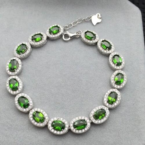 Diopside GREEN +ZIRCON flat oval faceted s925 chain bracelet WEDDING GIFT