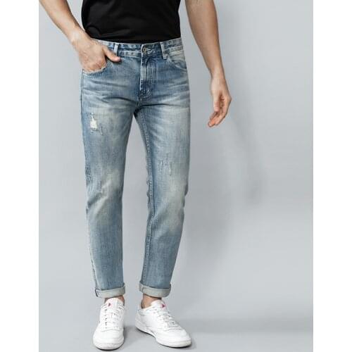 European Vintage Fashion Men Jeans High Quality Retro Light Blue Selvedge Designer Slim Fit Ripped Jeans Men RedLine Denim Pants