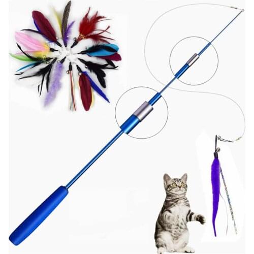 Interactive Cat Feather Toy Feather Teaser Stick Wand Pet Retractable Feather Bell Refill Replacement Catcher Product for Kitten