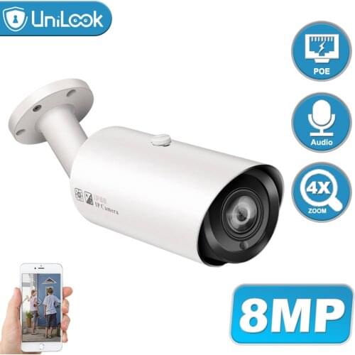 UniLook 8MP Bullet POE IP Camera Support 4X Zoom Built in Microphone SD Card Slot Outdoor Security Camera IP66 ONVIF H.265