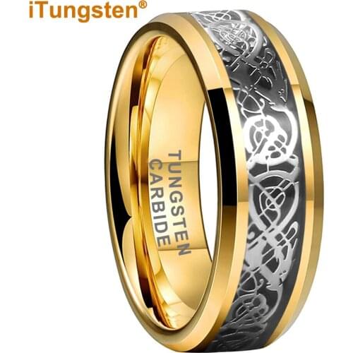 8MM Yellow Gold Wedding Band Men Women Tungsten Carbide Ring With Black Carbon Fiber Steel Dragon Inlay Comfort Fit