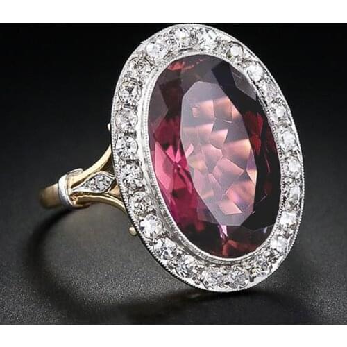 Huitan Gorgeous Women Wedding Party Finger Rings Oval Red CZ Two Tone Design Noble Birthday Gifts Female Elegant Fashion Jewelry