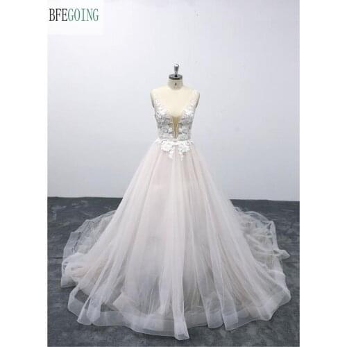 Ivory Lace Appliques Beading V-Neck Floor-length A-line Wedding dress Bridal gown Chapel Train Custom made