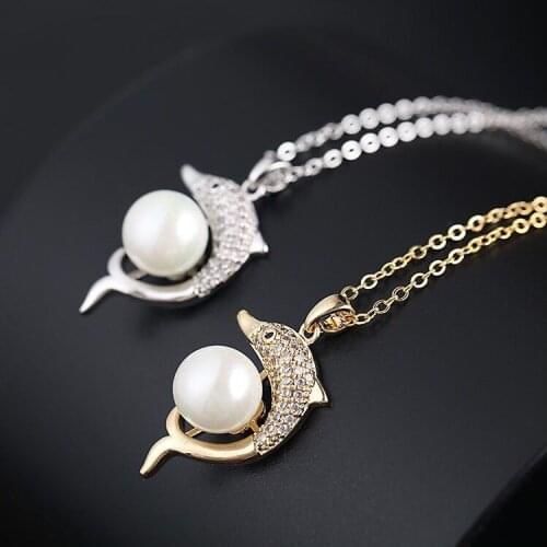 MxGxFam White Pearl (10 mm ) Dolphin Pendants Necklace For Women Fashion Jewelry Gold Color AAA+ Cubic Zirconia 46cm Chain