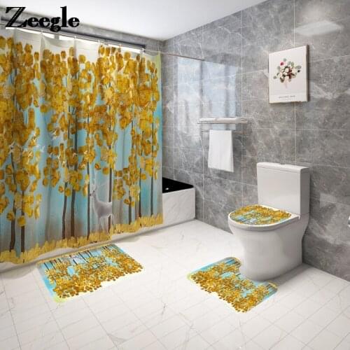 Printed Bath Mat and Shower Curtain Set Absorbent Toilet Seat Cover Mat Bath Non-slip Bathroom Floor Mat Shower Foot Mat