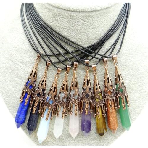 New product jewelry gold color faceted stone natural quartz crystal aventurine tiger eye pendulum hexagonal suspension necklace