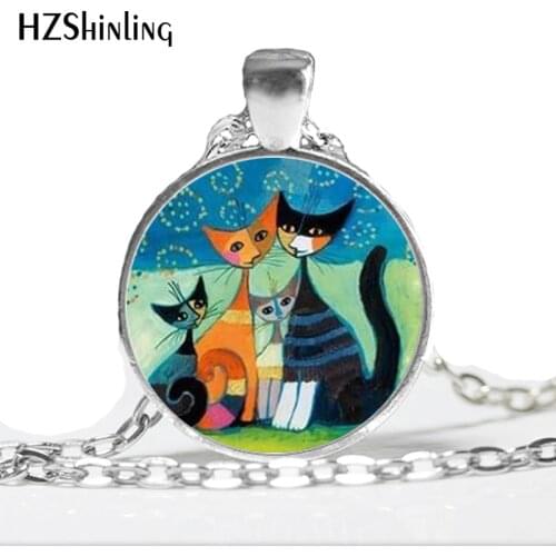 NS-00647 New Fashion Cat Family Pendant Cat Lover Gifts Art Glass Pendant Glass Cabochon Necklace HZ1