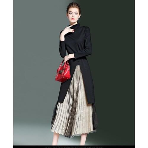 Autumn Women Skirts Suits Black Kintted Sweater Long Skirt Yarn Pleated Skirt 4 Piece Set saia faldas mujer C4038
