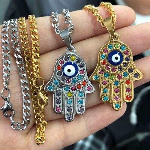 Religious Evil Eye Pendants Necklace For Women Men Hamsa Hand Necklace Gold Color Enamel Multicolor Zircon Jewelry Cuban chain