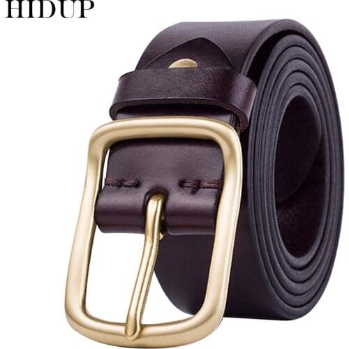 HIDUP Top Quality 100% Pure Cow Skin Genuine Leather Belt Brass Pin Buckle Metal Belts Men Casual Styles Jean Accessories NWJ123