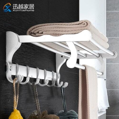 Towel Rack Punch-Free Folding Shower Holder Bathroom Accessories Wall Organizer Hook Hanger Matte Silver Aluminum Storage Shelf