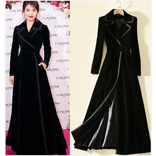 Vintage Suit Collar Long Windbreaker Womens Winter Temperament Slim Elegant Thicken Black Velvet Trench Coat Outerwear y1392