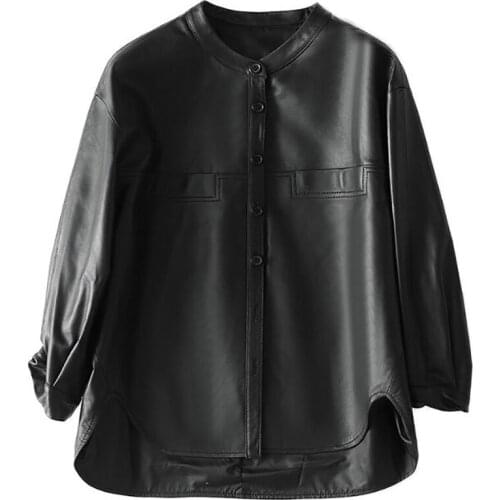 Womens Spring And Autumn Loose Round Neck Real Sheepskin Leather Jacket, Long Sleeve Black, Circular Hem, 100% Genuine Lambskin