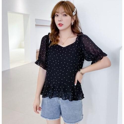 Large Size Women Summer Chiffon Blouses Shirts Dots Black All-Match Loose Tops Casual Short Seleeve Blusas MM0242