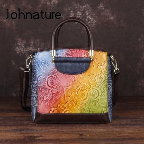 Johnature Retro Luxury Handbags 2020 New Fashion Genuine Leather Large Capacity Shoulder & Crossbody Bags Cowhide Women Bag