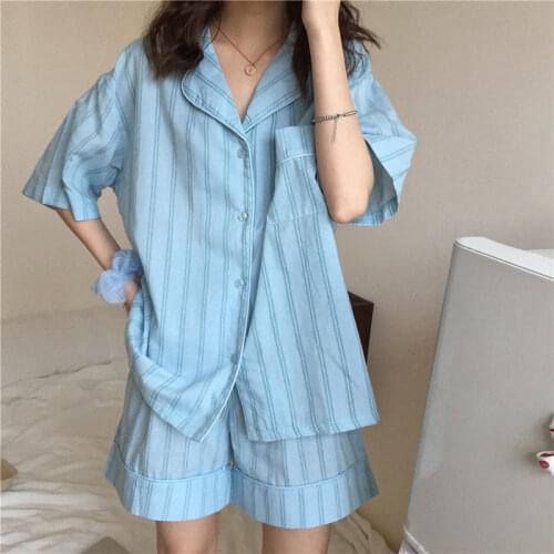 Pajama Sets Women Short Sleeve Striped Sleepwear Loose Casual Cotton Cozy Turn-down Collar Single Breasted Lovely Nightwear Chic