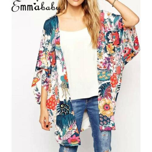 Casual Summer Women Vintage Floral Beach Loose Shawl Kimono Cardigan Boho Chiffon Tops Jacket Blouse