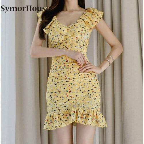 2021 Fashion Office Yellow Dress Women Elegant Floral Print V-neck Ruffle Chiffon Dress Formal Work Vestidos Summer