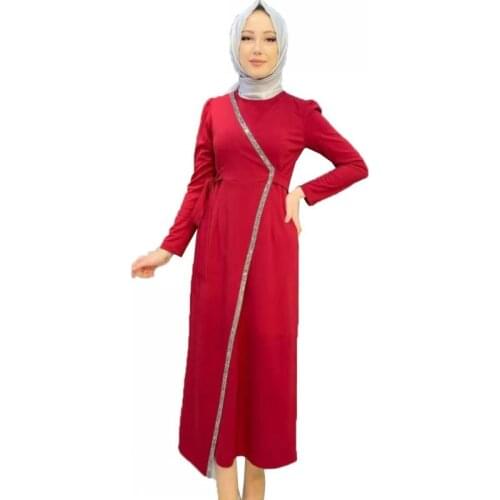 Muslim Maxi Kaftan Dress Women Full Sleeve Lace Up Sequins Splice Robes 2021 New Elegant Abayas Arab Dubai Islam Muslim Dresses