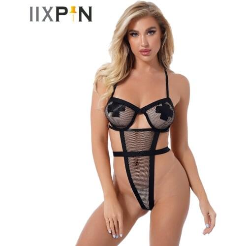 Womens See-through Mesh Sexy Leotard High Cut Adjustable Straps Erotic Romper Hollow Out Fishnet Underwire Cup Teddies Catsuit