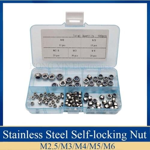 100Pcs/set DIN985 M2.5 M3 M4 M5 M6 Self-locking Nut Lock Nut Locknut Slip Nylon Hex Nut Assortment Kit