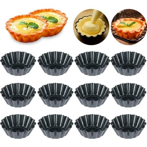 12Pcs Non-stick Carbon Steel Egg Tart Mold Mini Ripple Flower Shape Reusable Tartlet Molds Tin Cupcake Muffin Cake Baking Cups