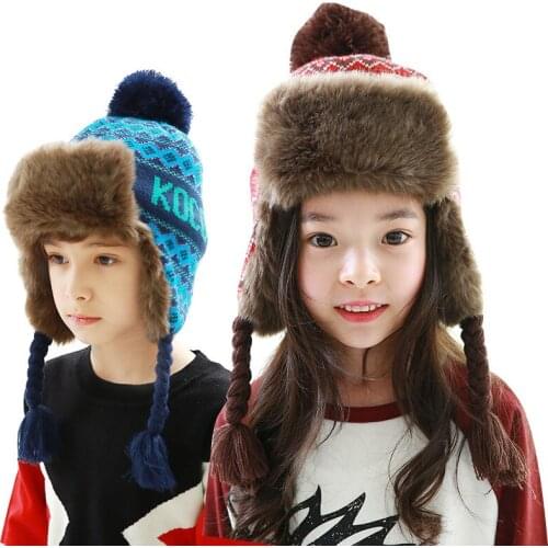 Kids Winter Warm Hat Ear Protection Cap Students Earflap Fur Hats Girls Beanie Hat Ski Cap Kids Raccoon Hair Ball Caps B-8768