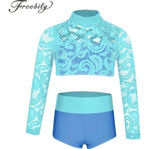 Kids Teens Two-piece Dance Costume Set Girls Long Sleeve Crop Top & Briefs Dance Wear Ballet Gymnastics Leotard Dancing Clothes