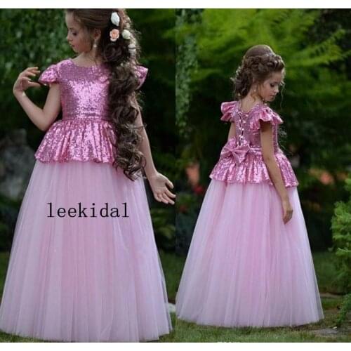 Lovely Rosy Pink Little Girls Cute Flower Girl Dresses Bling Sequins Bow Back Cap Sleeves A Line Kids Birthday Communion Gowns
