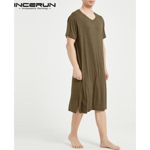 INCERUN Leisure Sleep Robe Men Summer Short Sleeve V Neck Sleepwear Casual Cotton Solid Color Nightwear Knee Length Homewear 3XL