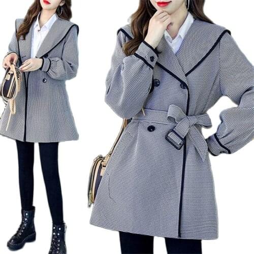 Plaid Windbreaker Jacket Women Mid-Length Autumn Top 2021 New Coat Lace-UP Fashion Outwear Casual Ladies Overcoat Chaqueta Mujer