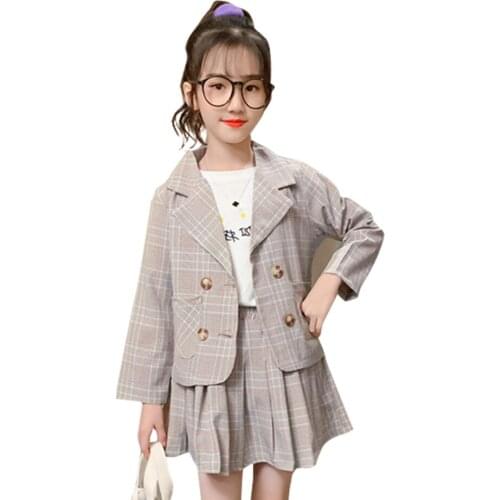 Girls Suit Set Plaid Pattern Tracksuits For Girls Jacket + Skirt Costumes For Girls Casual Style Childrens Tracksuits
