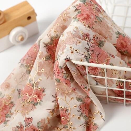 Soft Floral Rose Printed Chiffon Fabric DIY Eyelet Embroidered Lace Fabric for Pink Dress Shirts Table Cloth