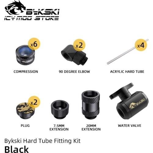 Bykski Hard Tube Fitting Kit G1/4 Compression 90 Degree Elbow Male to Female 7.5mm 20mm Extension 50cm 14mm Arcylic Tubes Combo