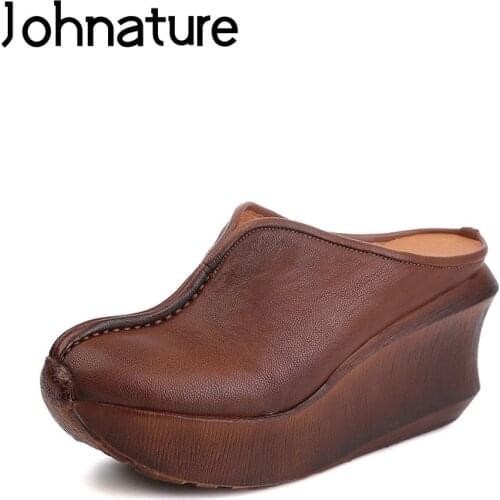 Johnature Summer 2020 New Ladies Slippers Sandals Casual Retro Genuine Leather Round Toe Women Shoes