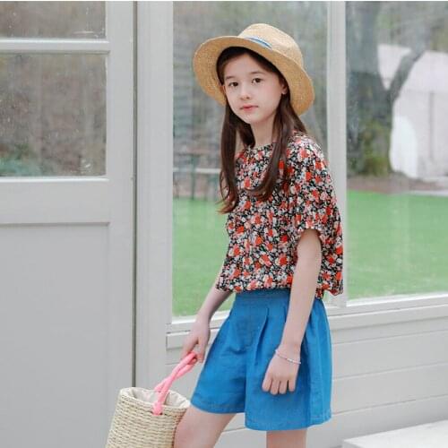 8 To 16 Years, Kids Floral Tops Summer 2021 New Teen Shirt Retro Girls T Shirt Chiffon Mommy and Daughter Clothes Fashion, #6118