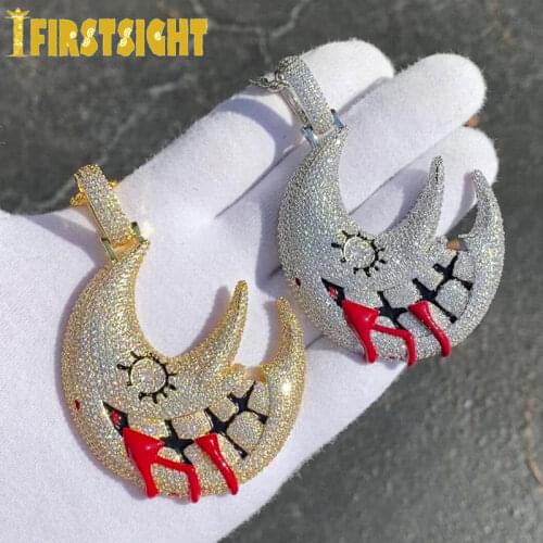 New Iced Out Bling Big Moon Mouth Pendant Necklace Silver Color Micro Pave Zircon Choker Hip Hop Jewelry For Men Women Jewelry