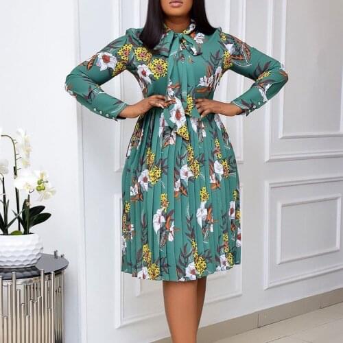 Print Women Pleated Dress Plus Size 3xl Color Block Bow Collar Long Sleeve Mid-Calf Swing African Dress Work Vestidos Robes